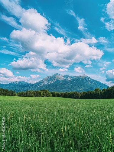 Serene Pastoral Field with Majestic Mountains photo