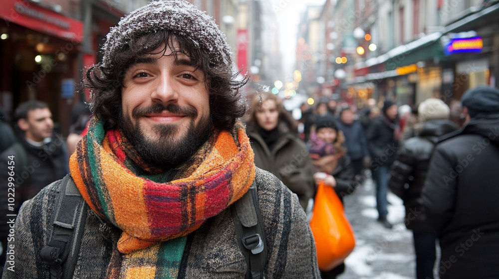A man with a red, yellow, and green scarf is smiling in a busy city street. The scene is lively and bustling with people walking around and carrying bags A man with a red, yellow, and green scarf is smiling in a busy city street. The scene is lively and bustling with people walking around and carrying bags