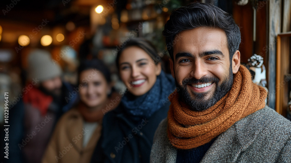 A man with a beard and a scarf is smiling at the camera. He is surrounded by three other people, all of whom are smiling as well. The scene appears to be a casual gathering of friends or family A man with a beard and a scarf is smiling at the camera. He is surrounded by three other people, all of whom are smiling as well. The scene appears to be a casual gathering of friends or family