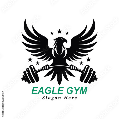 Eagle holding a barbell. Gym mascot. Design element for logo, label, sign, emblem. Vector illustration