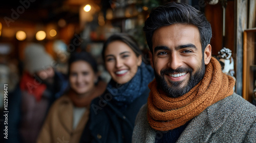 A man with a beard and a scarf is smiling at the camera. He is surrounded by three other people, all of whom are smiling as well. The scene appears to be a casual gathering of friends or family