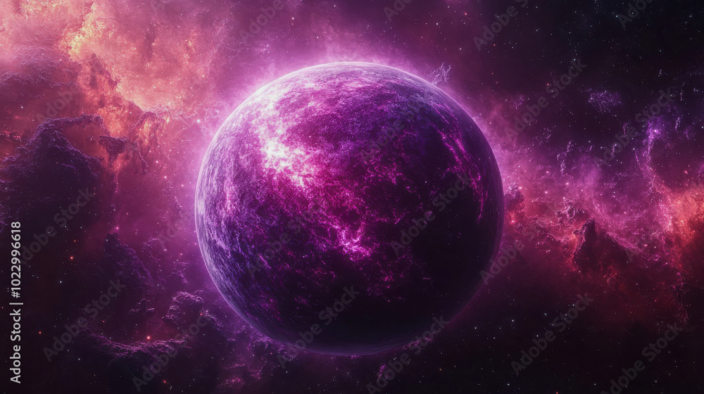 A surreal purple planet with fiery nebulae, glowing with a molten core, set in a distant galaxy A surreal purple planet with fiery nebulae, glowing with a molten core, set in a distant galaxy