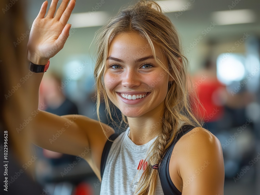 Obraz premium athletic woman smiling and high-fiving her personal trainer after an intense rowing session in a bright and energizing gym environment. the atmosphere is filled with encouragement and motivation
