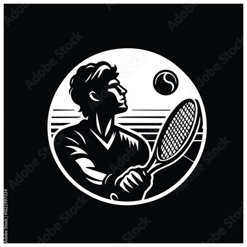 Tennis player silhouette in vector format, offered for $1 credit, showcasing dynamic athleticism