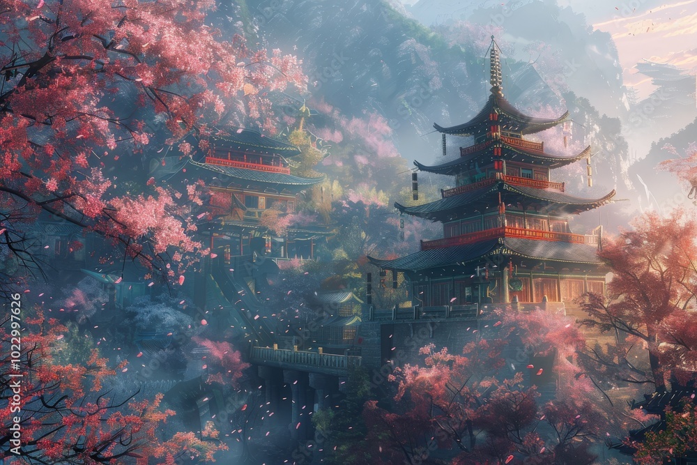 Obraz premium A serene and peaceful scene of a river with cherry blossoms in the background
