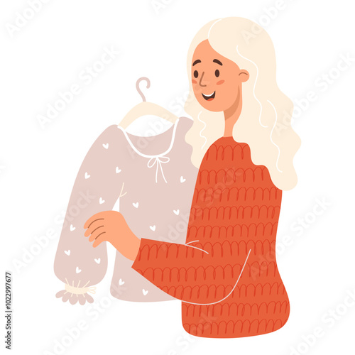 Seasonal Shopping day. Happy blonde woman trying on blouse at sale. Vector illustration. Cute female shopper character