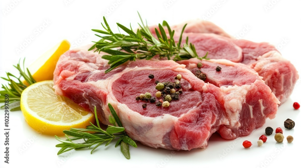 Two raw pork chops with lemon wedges, rosemary sprigs, and peppercorns isolated on a white background. Two raw pork chops with lemon wedges, rosemary sprigs, and peppercorns isolated on a white background.