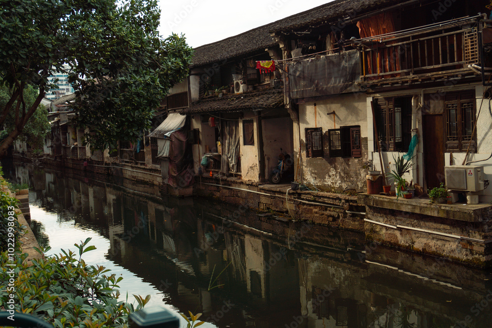 Shaoxing ancient Chinese town, Shaoxing lake, river with old Chinese wooden boats Shaoxing ancient Chinese town, Shaoxing lake, river with old Chinese wooden boats