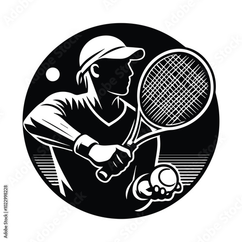 Tennis player silhouette in vector format, offered for $1 credit, showcasing dynamic athleticism