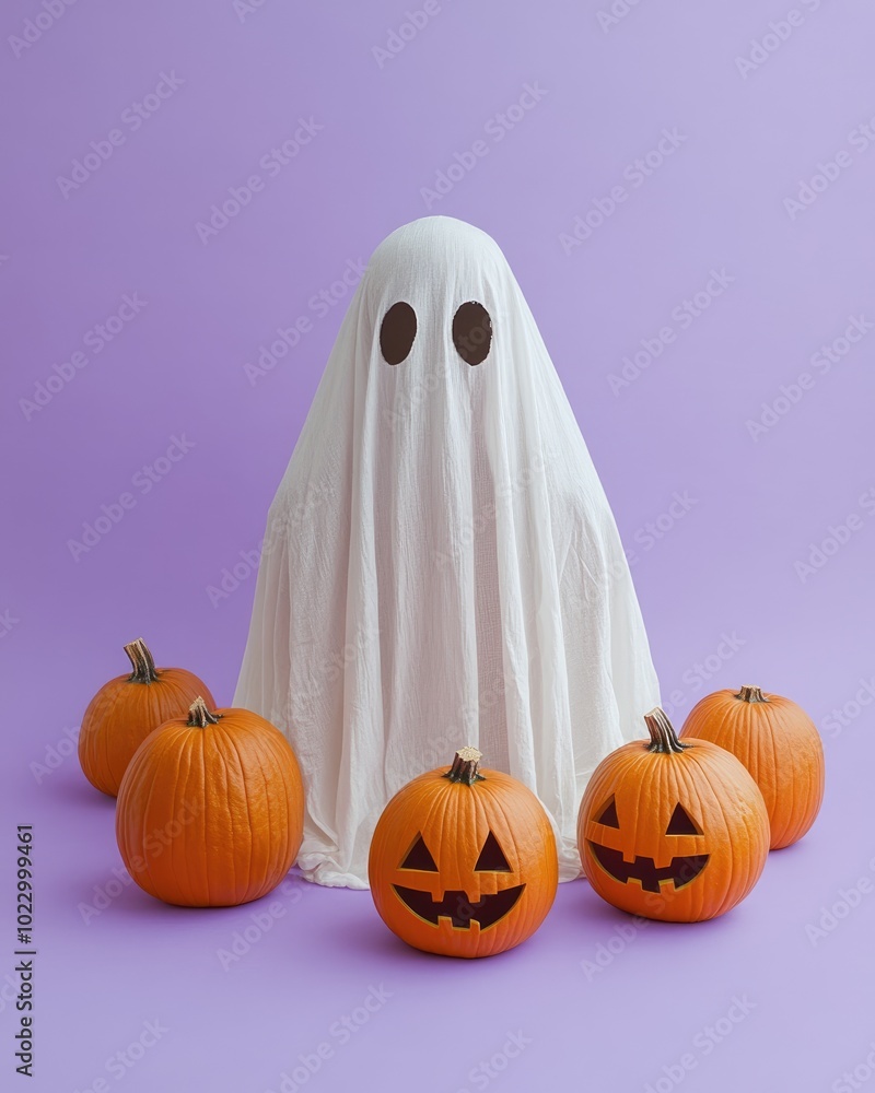 Ghost Costume with Halloween Pumpkins on Lilac Background Ghost Costume with Halloween Pumpkins on Lilac Background