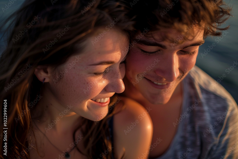 Loving cute couple on pier at sunset generative AI concept Loving cute couple on pier at sunset generative AI concept