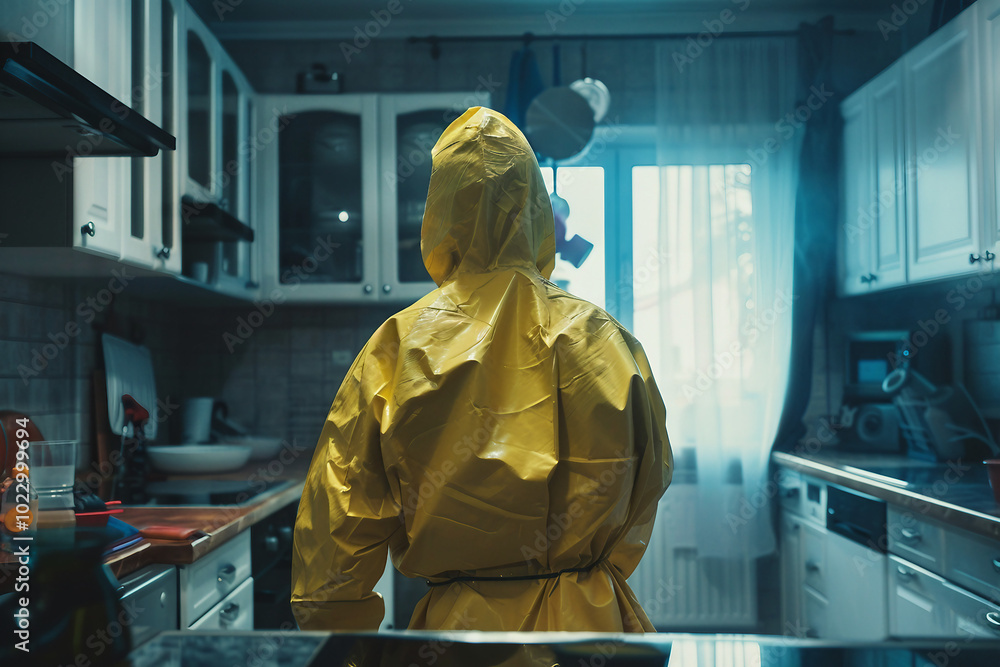 Generative AI illustration of people in biohazard protective clothes suits disinfection pollution gas radioactive elements Generative AI illustration of people in biohazard protective clothes suits disinfection pollution gas radioactive elements