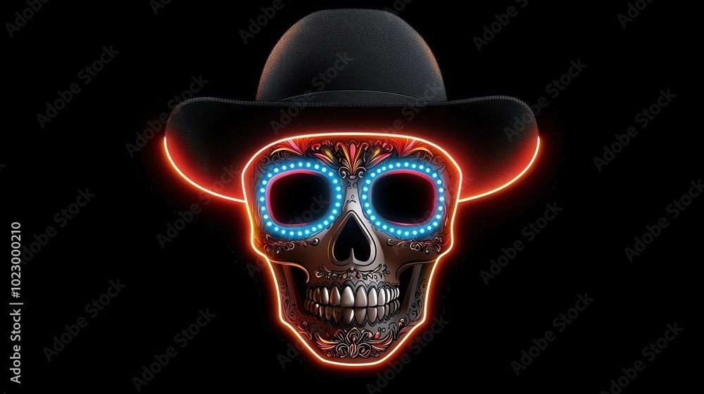 Intricately Detailed Sugar Skull with Neon Light Effect on a Black Background Intricately Detailed Sugar Skull with Neon Light Effect on a Black Background