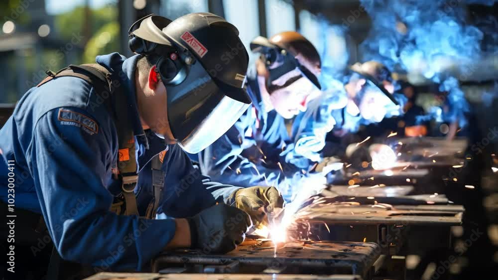 Welders work hard on-site under bright daylight Welders work hard on-site under bright daylight