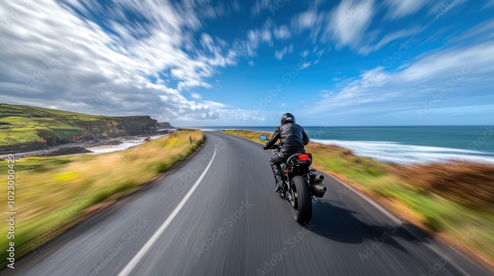 Motorcycle Rider on Coastal Road with Motion Blur Motorcycle Rider on Coastal Road with Motion Blur
