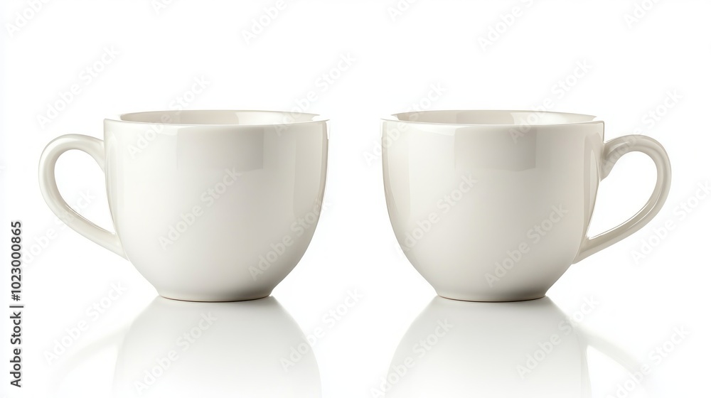 Two white ceramic coffee mugs with handles, isolated on white background with reflections. Two white ceramic coffee mugs with handles, isolated on white background with reflections.