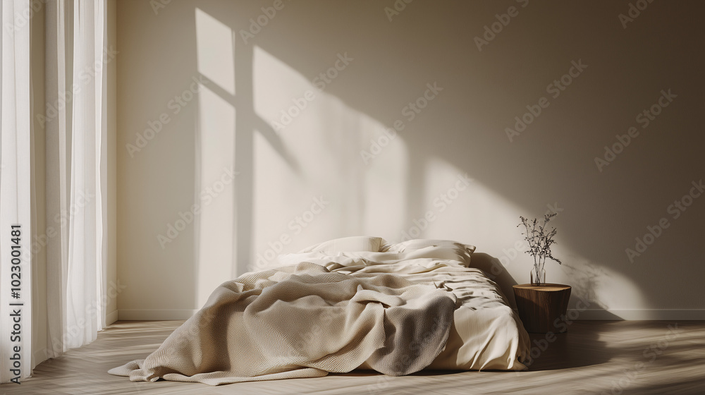 Ultra-minimal bedroom with a single bed and blanket, showing an uncluttered, calming space with soft, diffused light Ultra-minimal bedroom with a single bed and blanket, showing an uncluttered, calming space with soft, diffused light