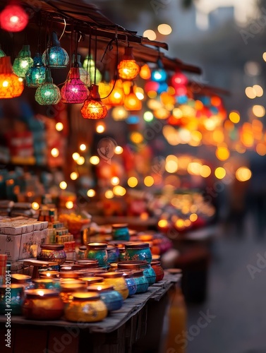 Colorful market stalls illuminated by decorative lanterns during twilight in a vibrant street fair