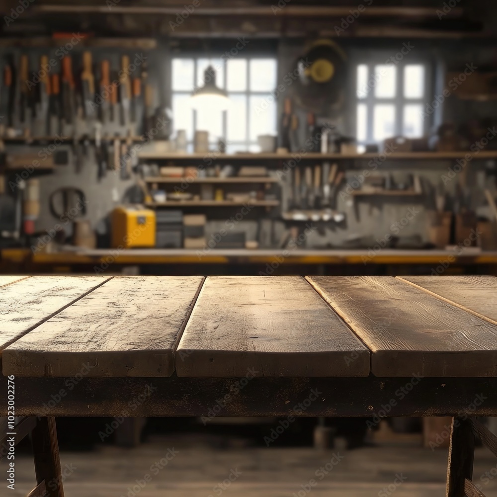 Workshop tools on wall, wooden table foreground, rustic workshop, hand tools on wall background Workshop tools on wall, wooden table foreground, rustic workshop, hand tools on wall background
