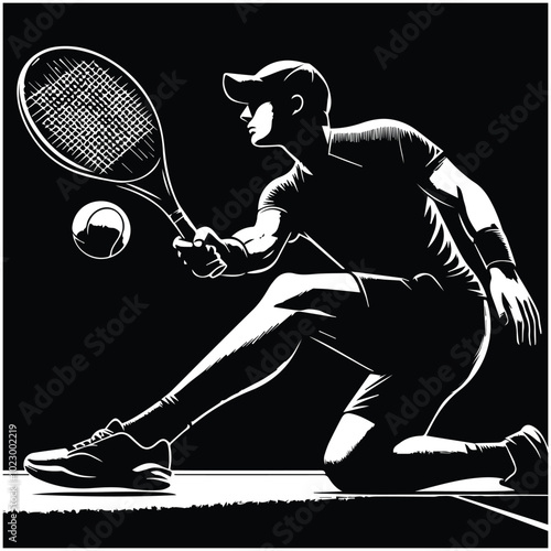 Tennis player silhouette in vector format, offered for $1 credit, showcasing dynamic athleticism