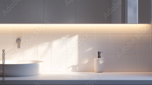 Ultra-minimalist bathroom counter with a simple ceramic soap dispenser, white tiles and soft lighting emphasizing the clean space