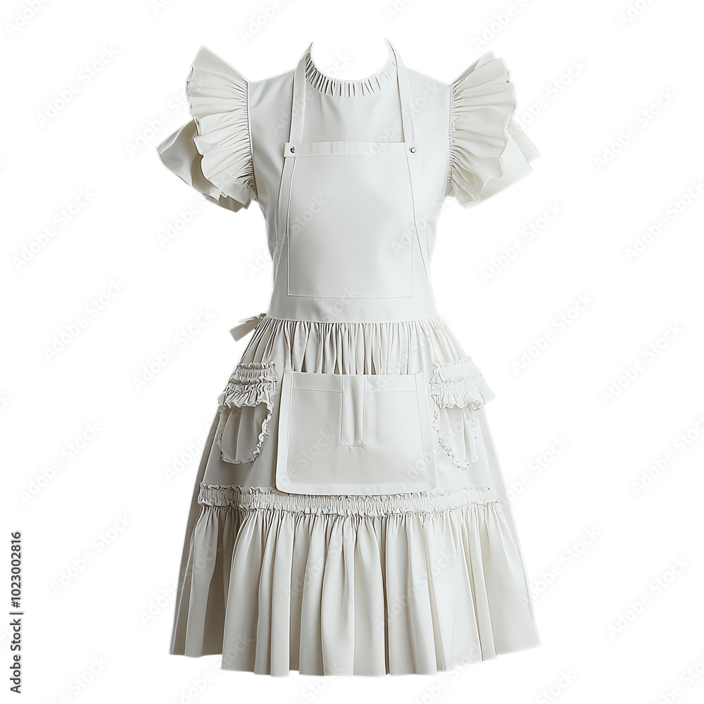Elegant white apron with ruffled sleeves and practical pockets, perfect for cooking or crafting activities. isolated background Elegant white apron with ruffled sleeves and practical pockets, perfect for cooking or crafting activities. isolated background