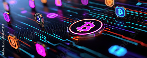 A vibrant digital representation of cryptocurrency with Bitcoin icons and neon colors, showcasing the future of finance and technology. photo