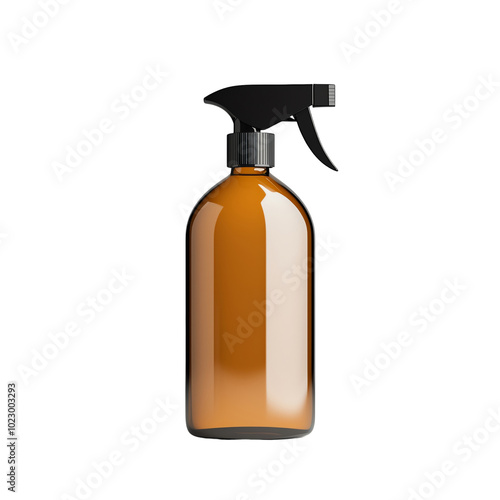 Stylish amber spray bottle with black trigger, perfect for cleaning solutions or aromatherapy blends. isolated background