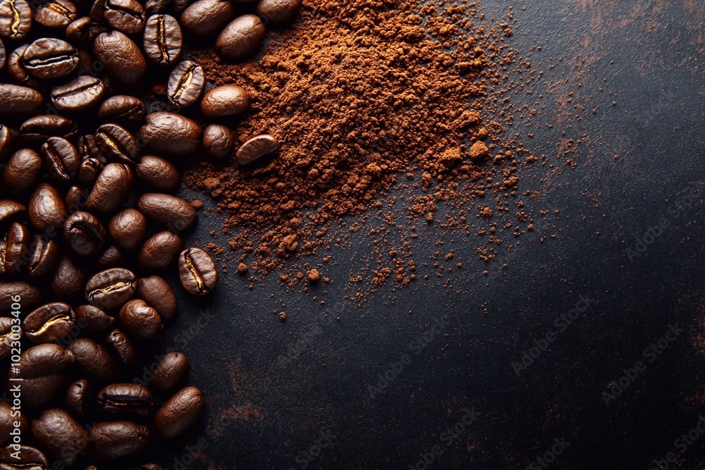 Background with a mixture of whole coffee beans and freshly ground coffee powder on a dark background.
Background with a mixture of whole coffee beans and freshly ground coffee powder on a dark background.