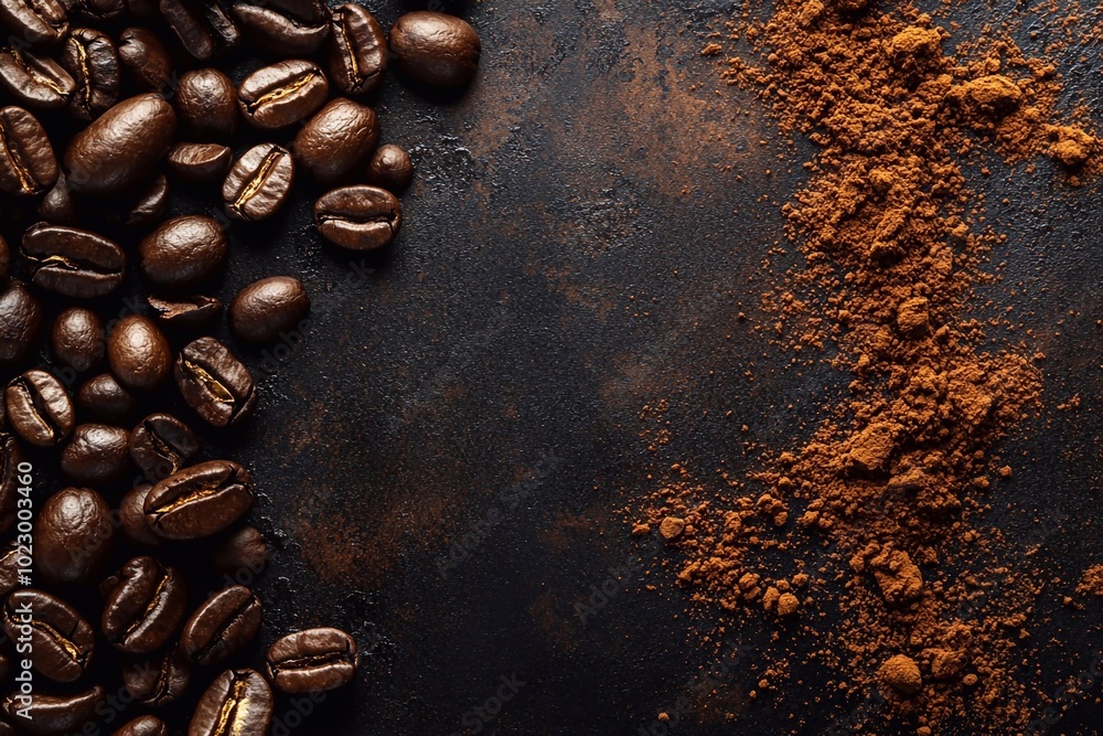 Background with a mixture of whole coffee beans and freshly ground coffee powder on a dark background.
Background with a mixture of whole coffee beans and freshly ground coffee powder on a dark background.
