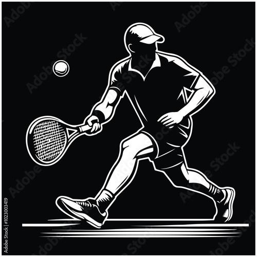 Tennis player silhouette in vector format, offered for $1 credit, showcasing dynamic athleticism