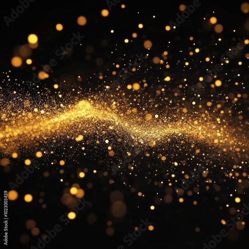 Golden sparkles on black, abstract light pattern, shimmering glow, festive and elegant background, vibrant gold glitter