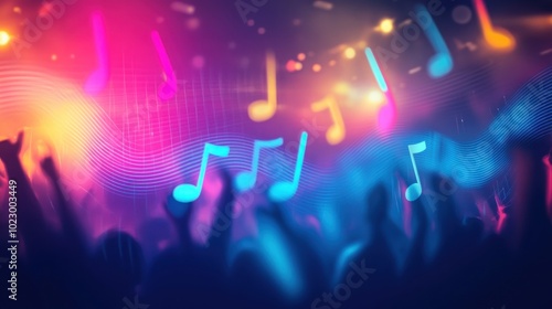 A vibrant concert scene with colorful musical notes and energetic crowd silhouettes.