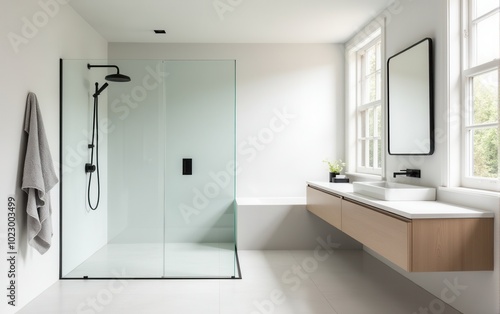 Cozy bathroom with a modern design. Spacious shower with black fixtures, round mirror, white tiles, and wooden furniture creating a harmonious and calming space.