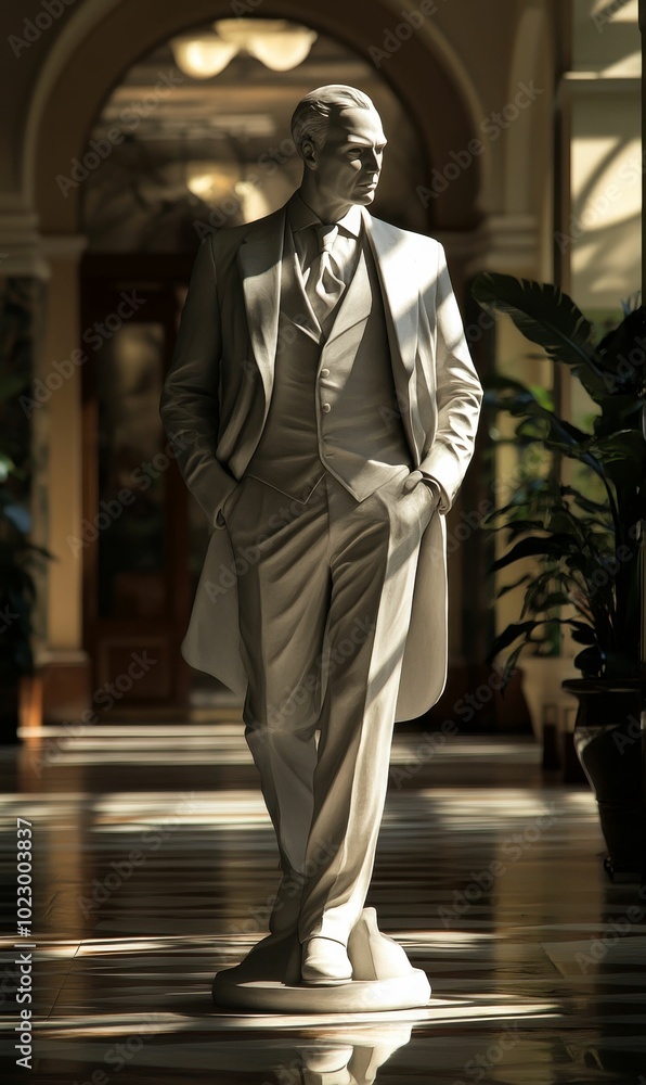 A white statue of a man in a suit stands A white statue of a man in a suit stands
