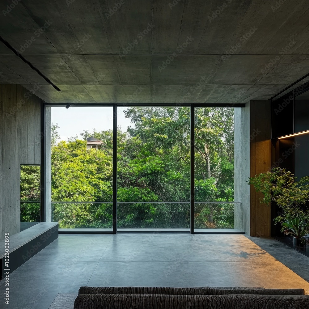 Fototapeta premium modern living room, large windows, green view, indoor plants, concrete design, minimalist space, sunlight streaming, peaceful vibe