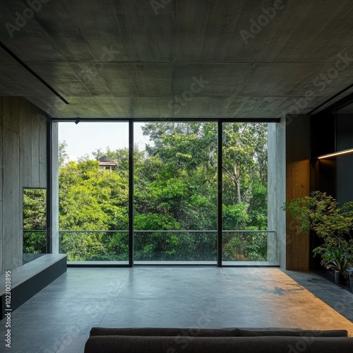 modern living room, large windows, green view, indoor plants, concrete design, minimalist space, sunlight streaming, peaceful vibe