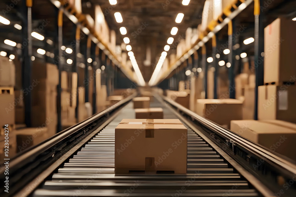 Naklejka premium 配送センターのコンベア上の段ボール