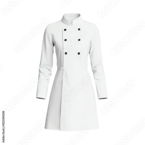 Stylish white chef coat with double-breasted design, perfect for culinary professionals and enthusiasts in the kitchen. isolated background