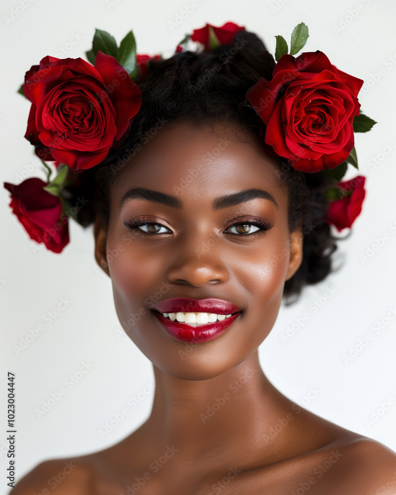 Gorgeous female model with dark skin, wearing glowing red lipstick and roses in her hair poses for the camera against a white background. Gorgeous female model with dark skin, wearing glowing red lipstick and roses in her hair poses for the camera against a white background.