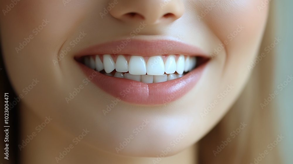 Close-up of a woman's smiling mouth showing perfect white teeth. Close-up of a woman's smiling mouth showing perfect white teeth.
