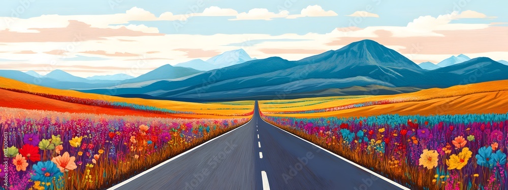 A highway with fields and mountains in the background, flat illustration style A highway with fields and mountains in the background, flat illustration style