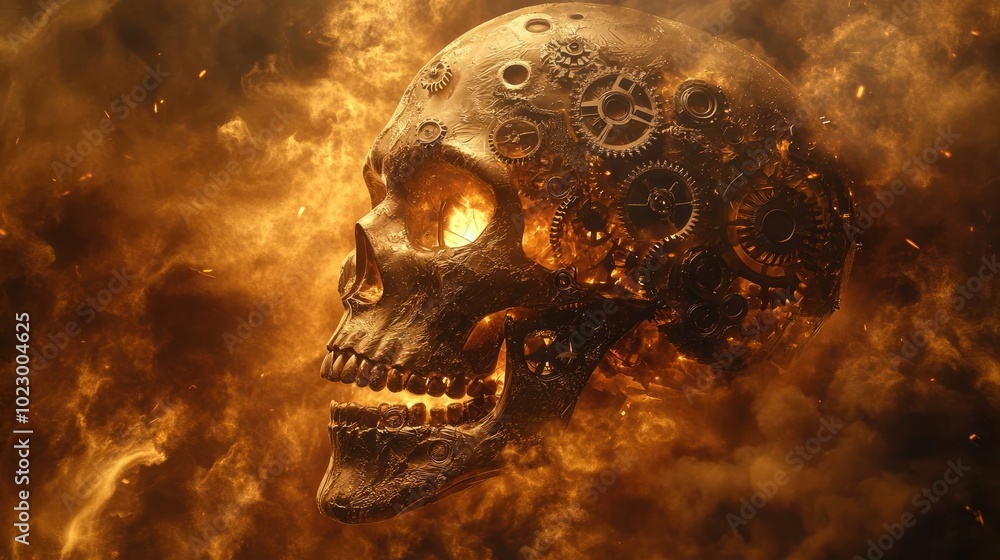A dramatic steampunk skull surrounded by swirling smoke and gears, symbolizing the fusion of life and machinery. A dramatic steampunk skull surrounded by swirling smoke and gears, symbolizing the fusion of life and machinery.