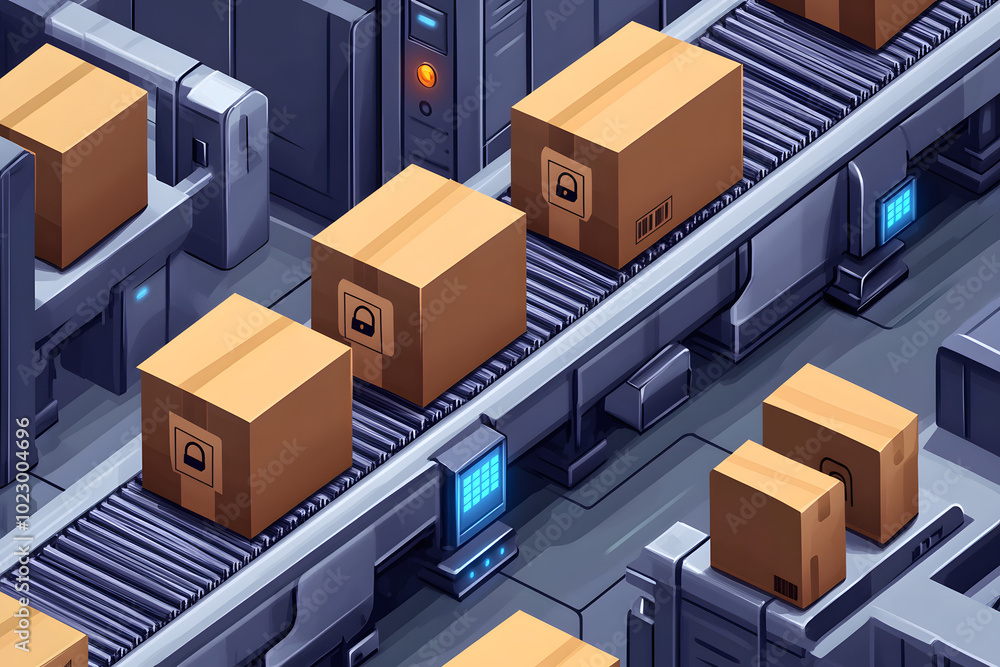 配送センターのコンベア上の段ボール