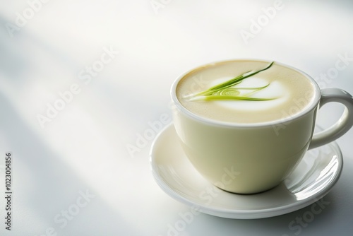 Green onion garnish on creamy latte in sunlight