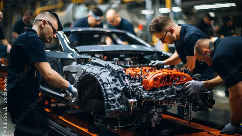 Technicians assemble engine parts in auto manufacturing Technicians assemble engine parts in auto manufacturing