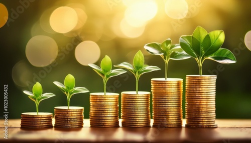 Fototapeta kuchenna The plants are shown growing from stacks of coins, implying a direct correlation between financial investment and natural growth