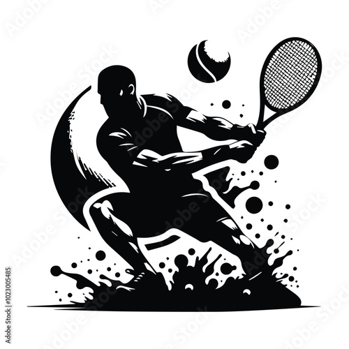 Tennis player silhouette in vector format, offered for $1 credit, showcasing dynamic athleticism