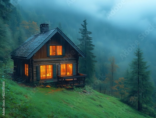 charming cozy cabin nestled in the mountains viewed through rain-soaked windows, capturing a serene moment of tranquility amidst nature's beauty and weather's embrace