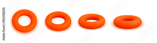 Orange rubber donut shapes in progression on white background